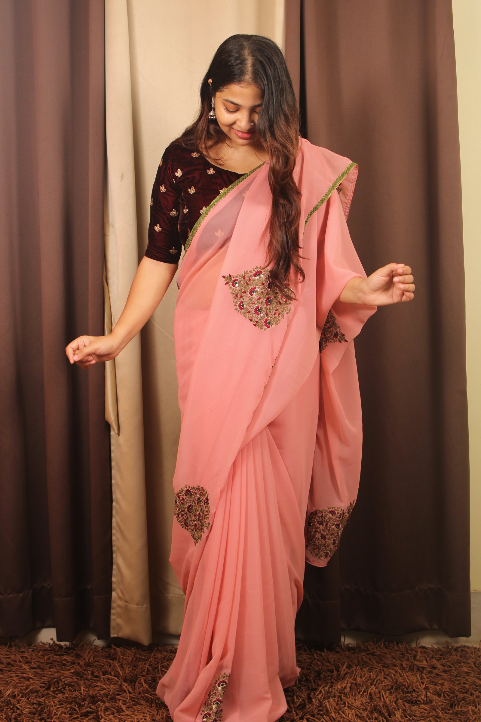 Georgette hand-embroidered mughal buti work Saree