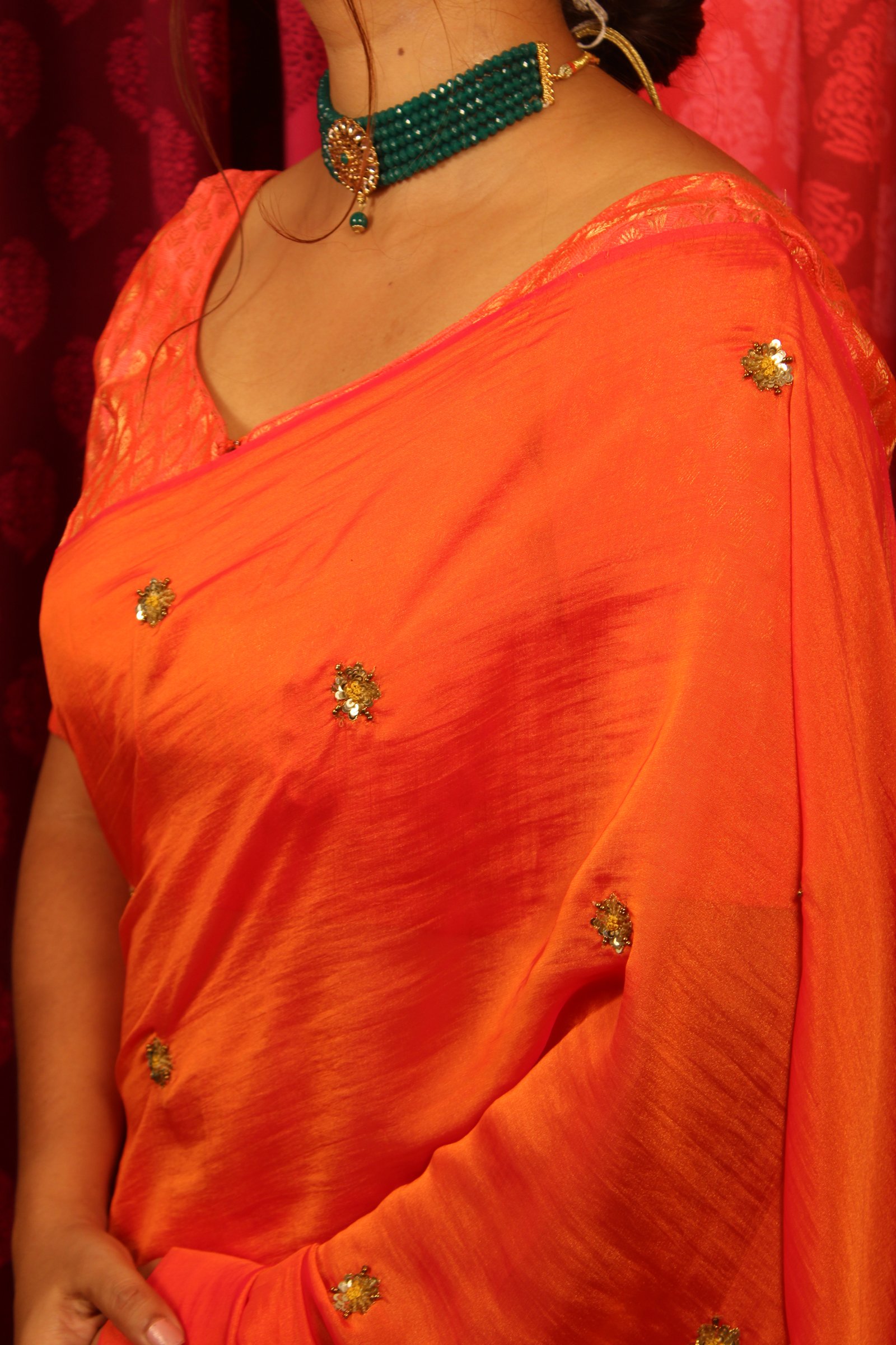 Hand-embroidered Chinon Silk Saree