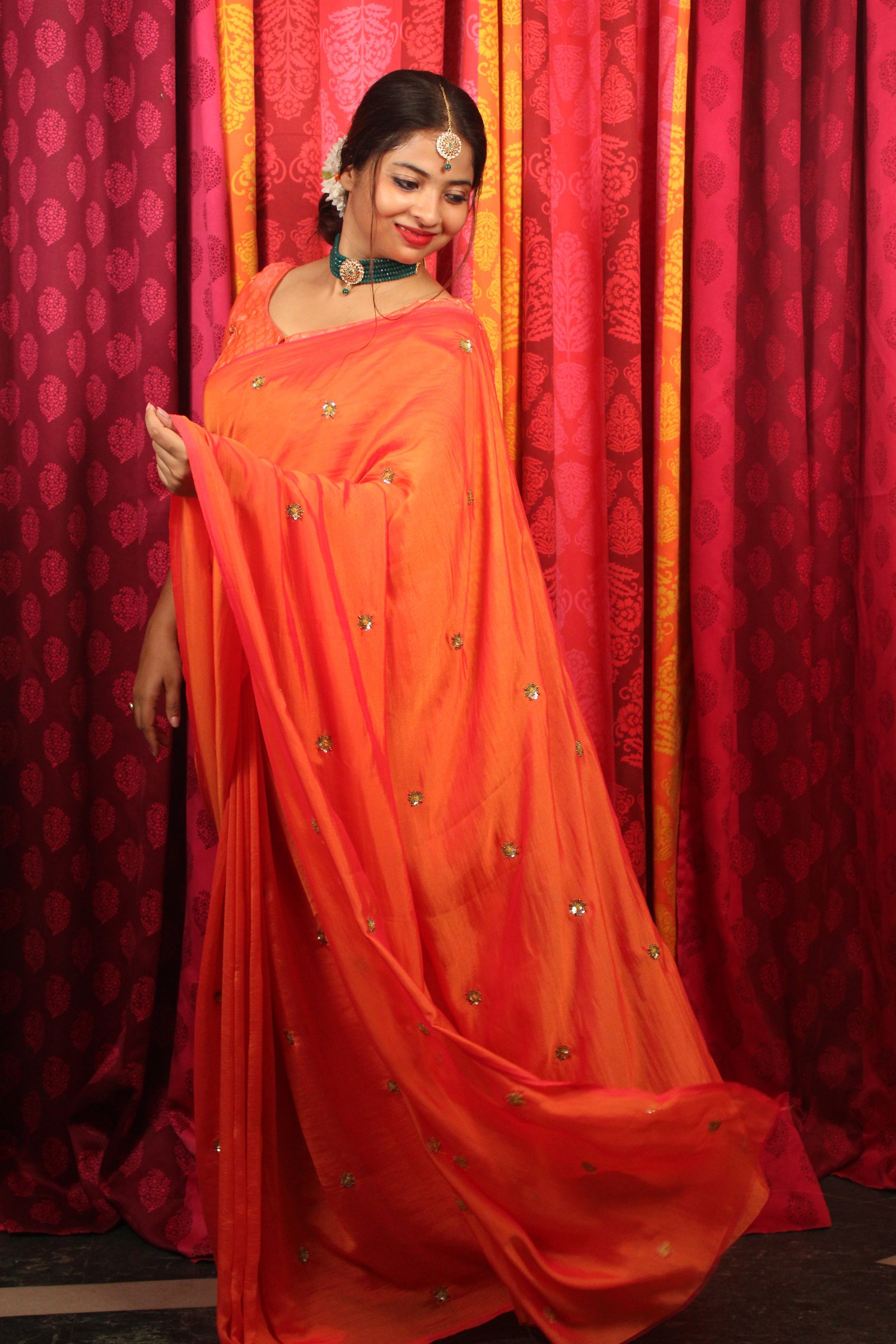 Hand-embroidered Chinon Silk Saree