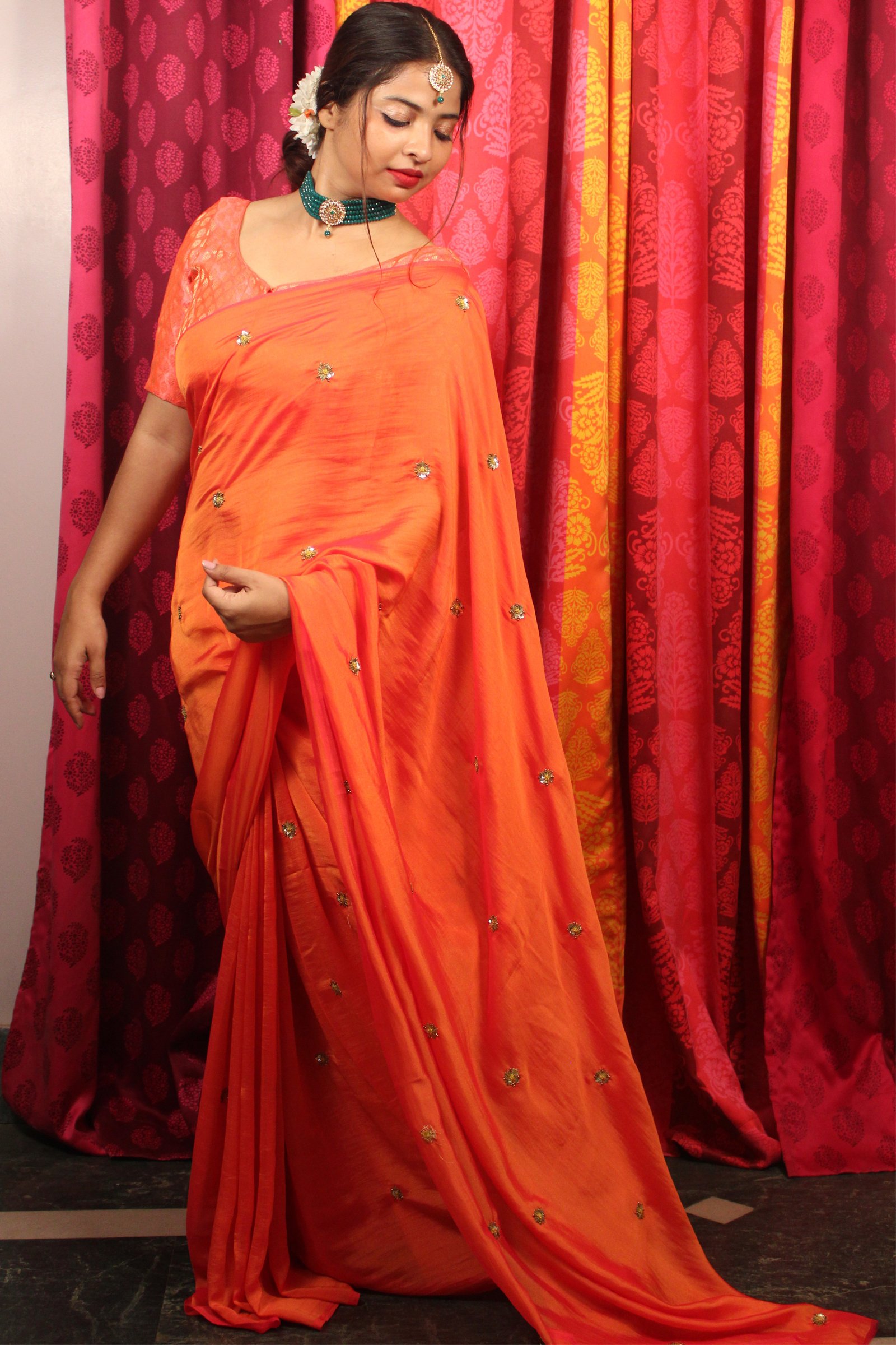 Hand-embroidered Chinon Silk Saree