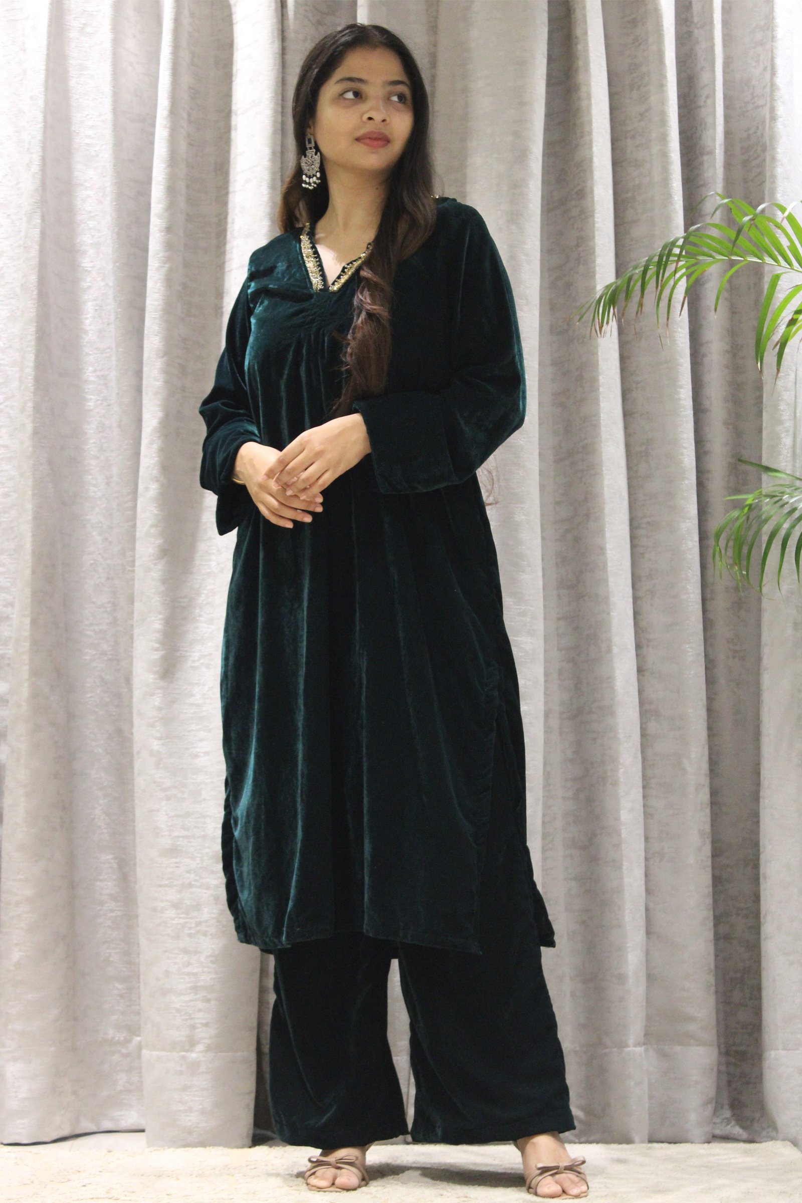 Hand embroidered Velvet Kurti Set