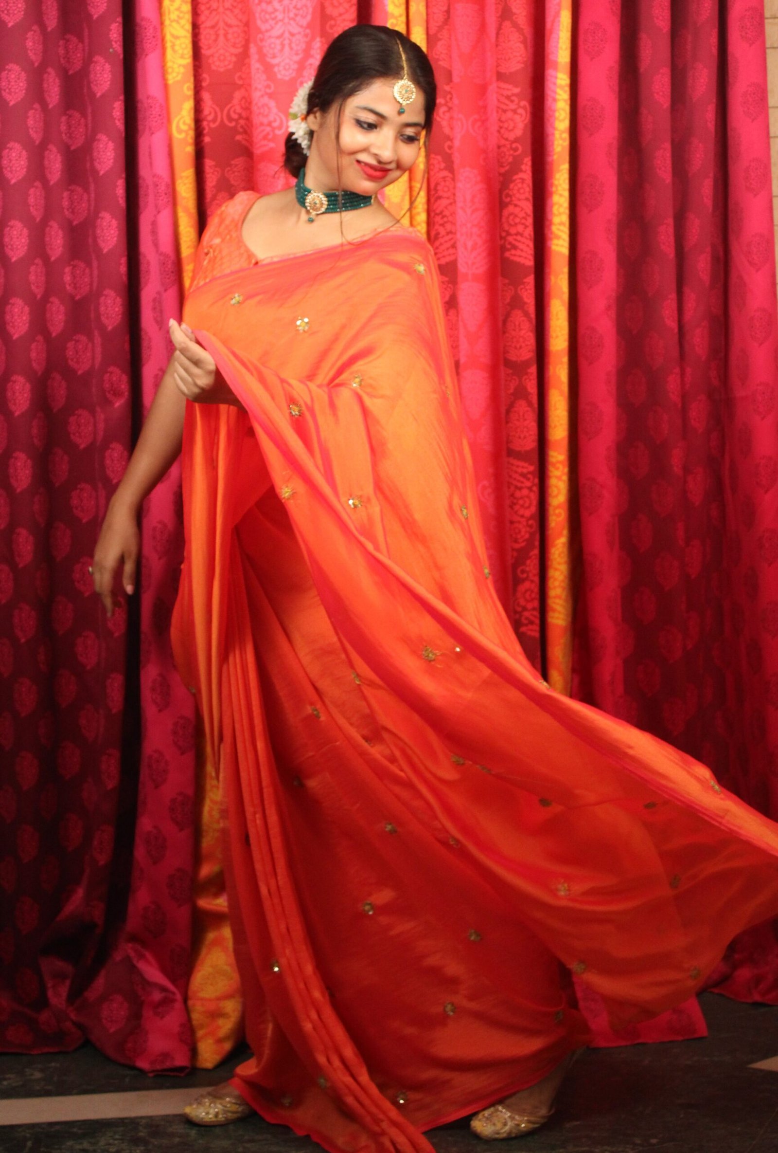 Hand-embroidered Chinon Silk Saree