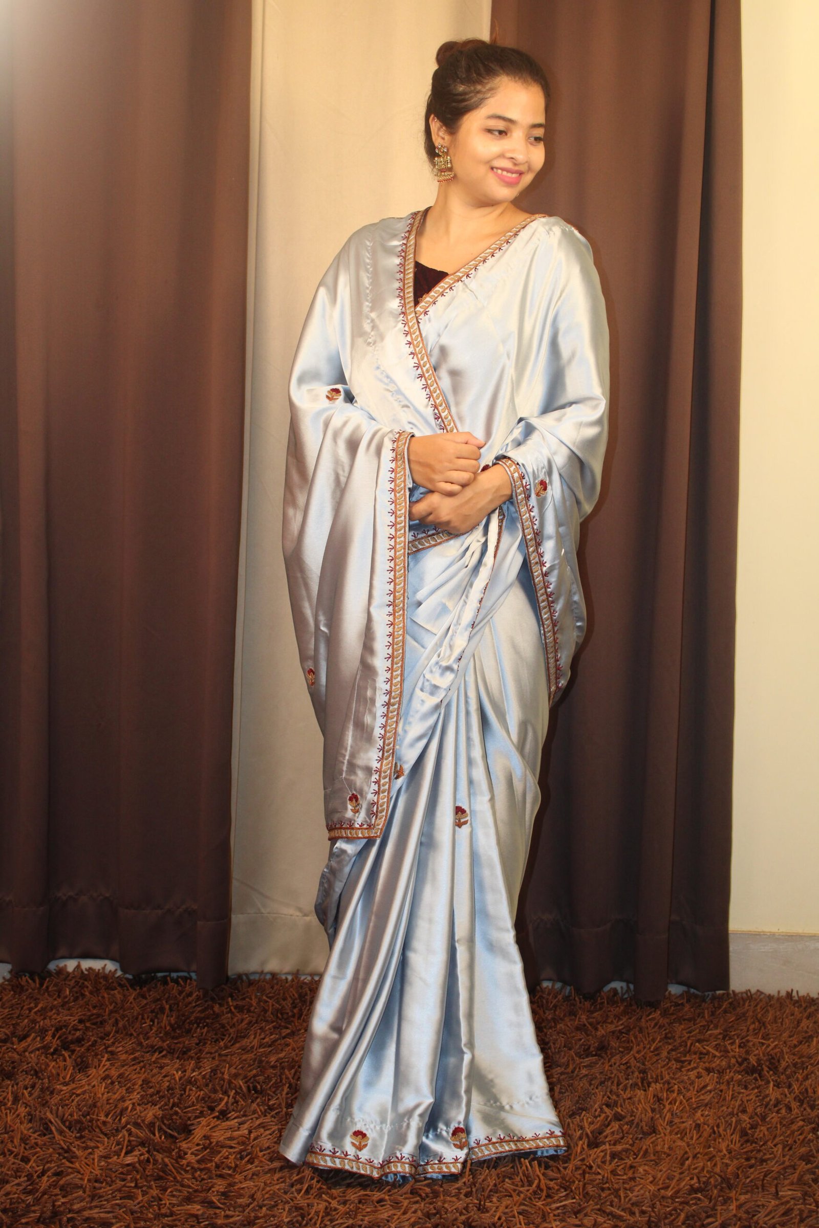 Satin silk Saree with hand-embroidered Resham work