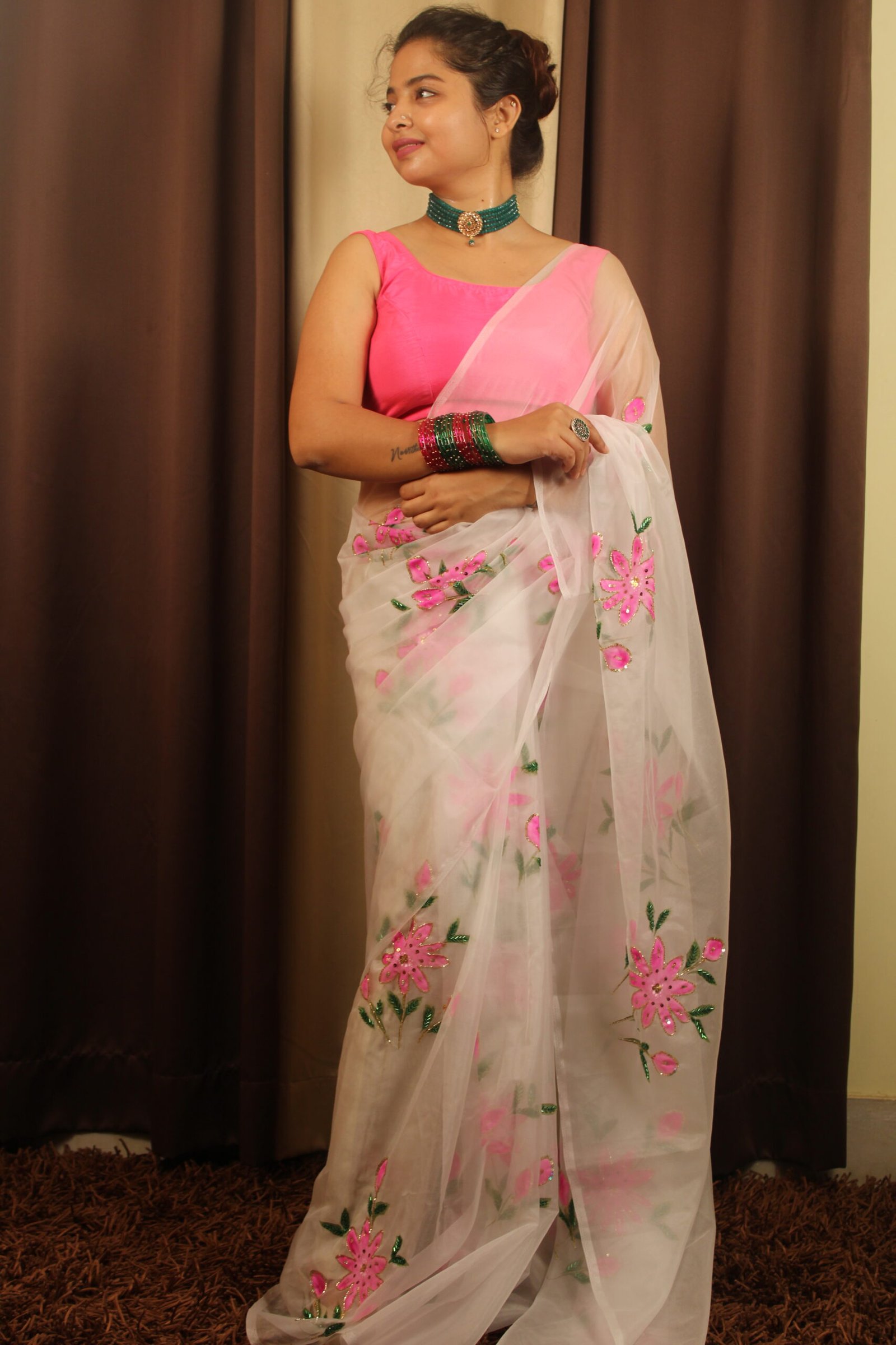 Hand Printed & Hand Embroidered Organza Silk Saree Hand Printed & Hand Embroidered Organza Silk Saree