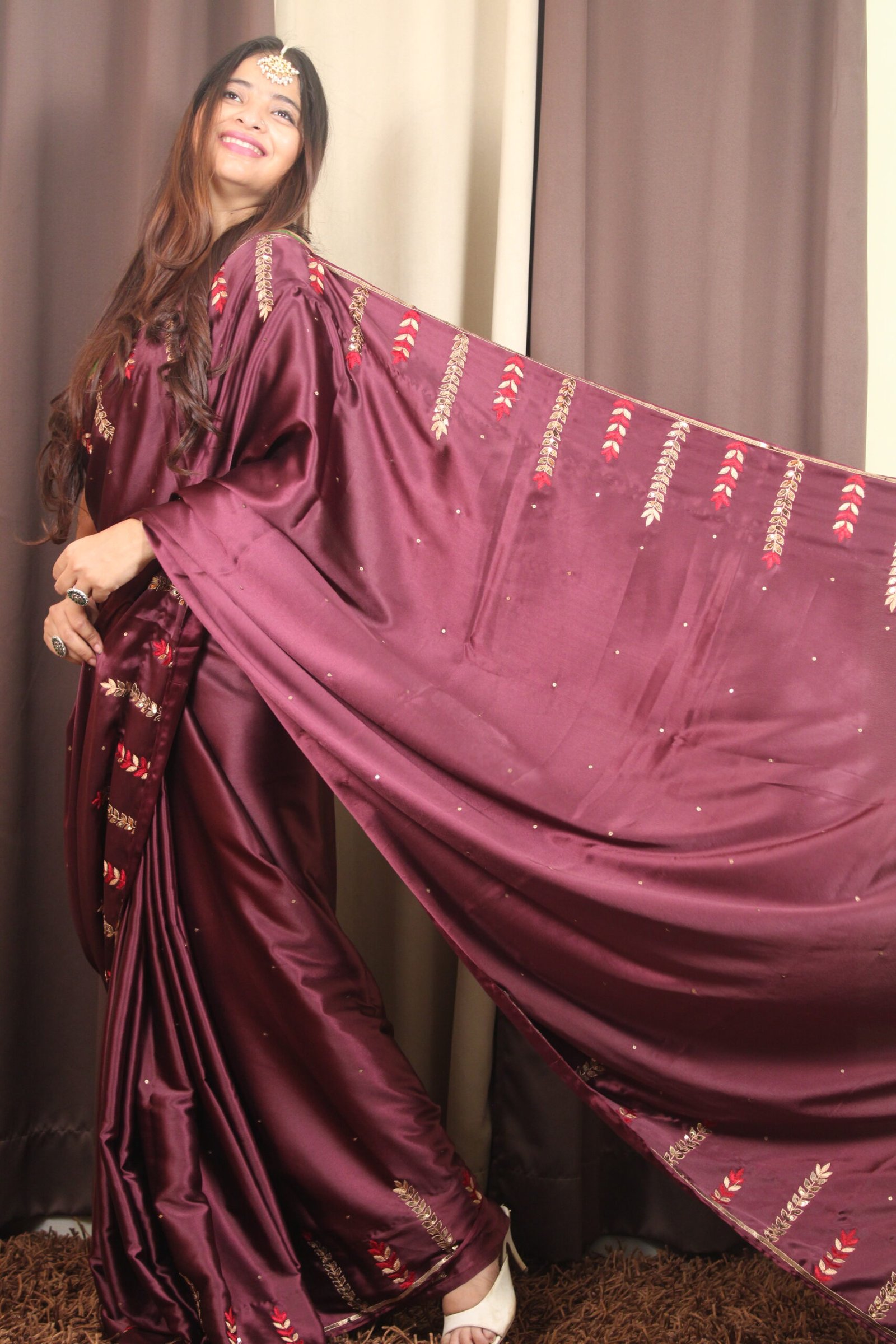 Satin Silk Saree with Handmade Leaf Work Satin Silk Saree with Handmade Leaf Work