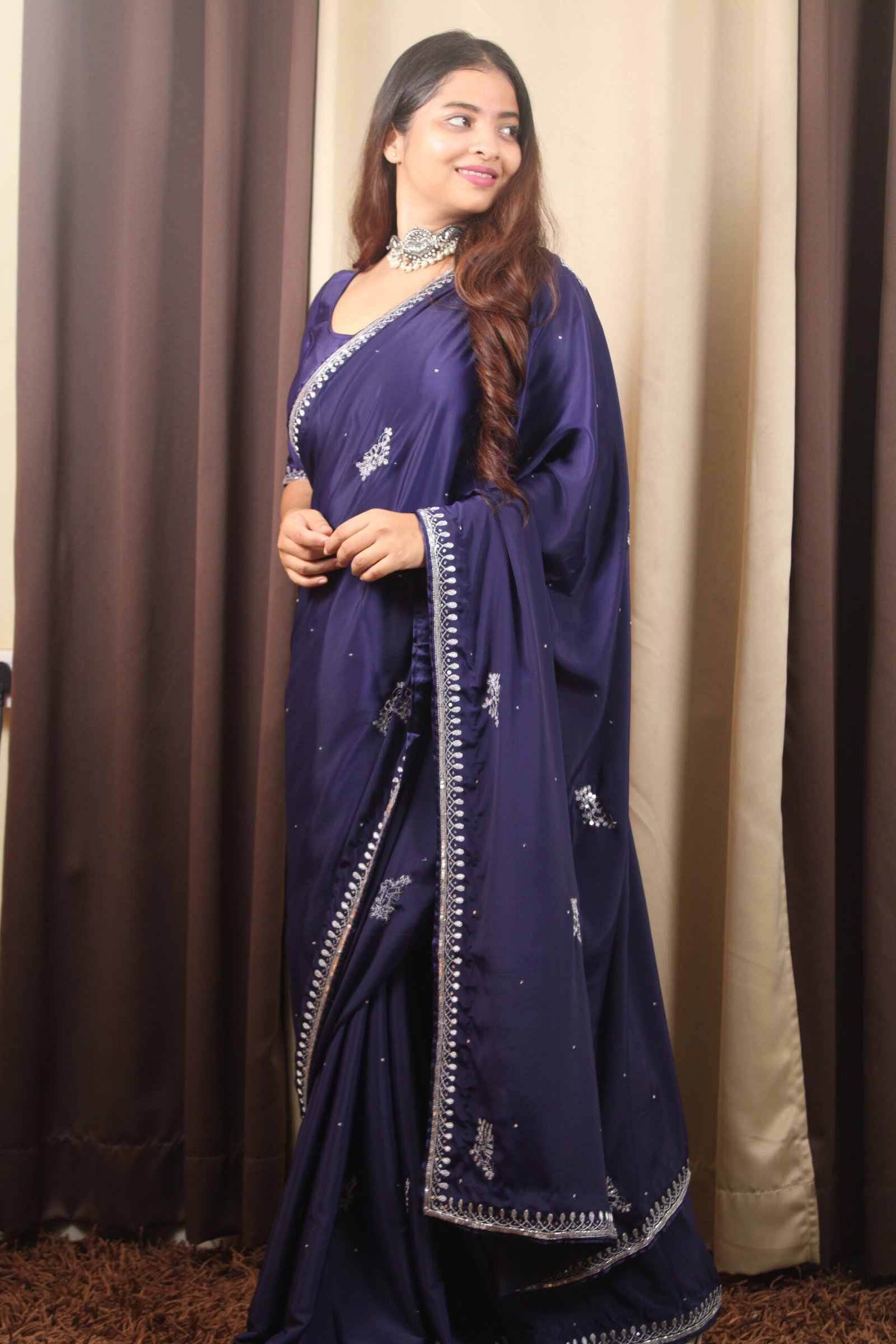 Satin Silk Saree With Hand-Embroidered Peacock Work Satin Silk Saree With Hand-Embroidered Peacock Work