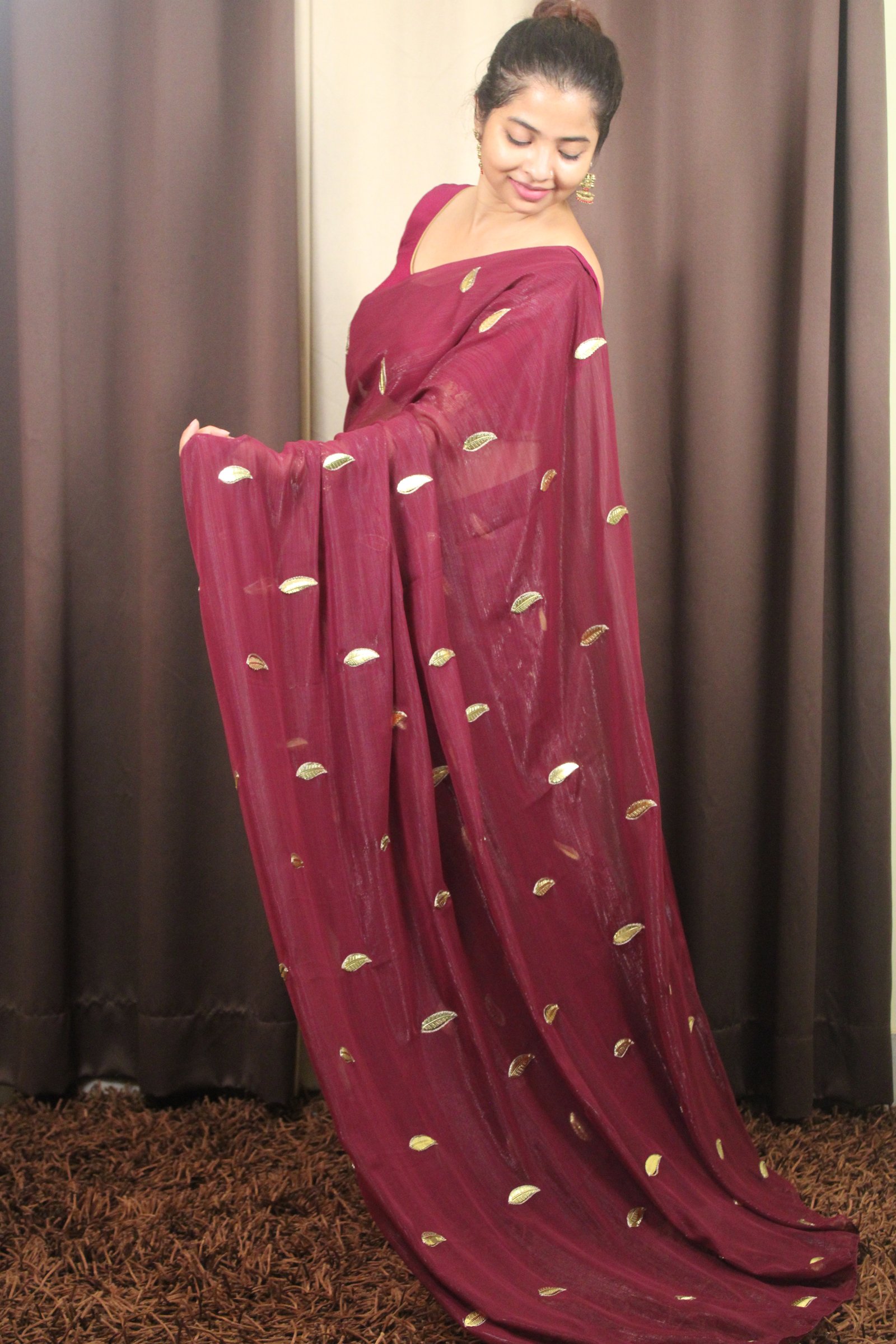 Metal Leaf  Hand-Embroidered Georgette