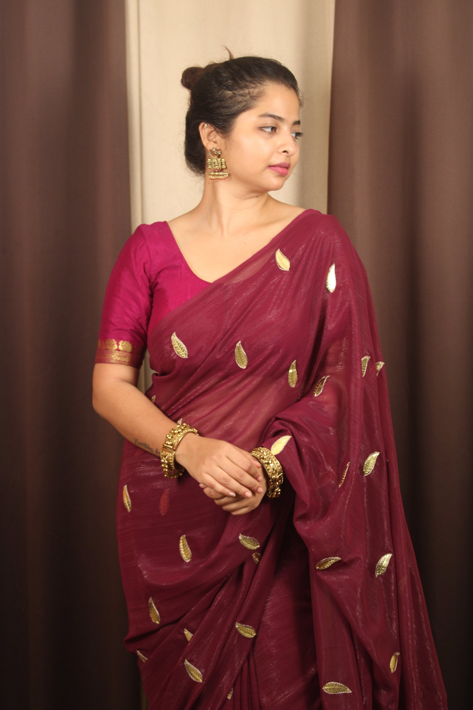 Metal Leaf  Hand-Embroidered Georgette