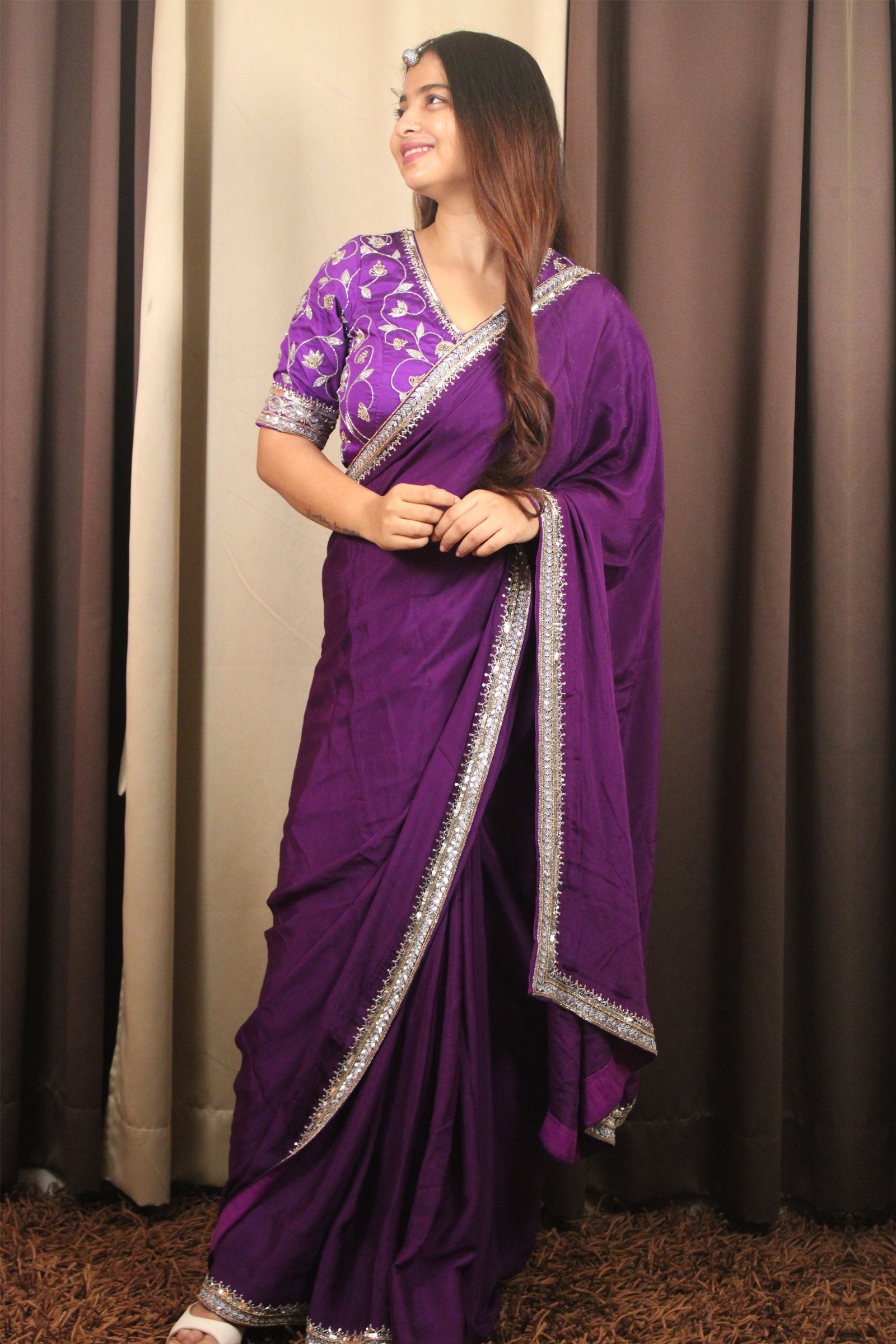 Pure Chinon Silk Saree With Hand-embroidered Zardosi Work