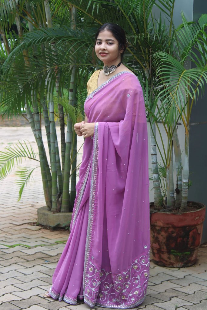 Georgette zardozi Hand embroidered saree