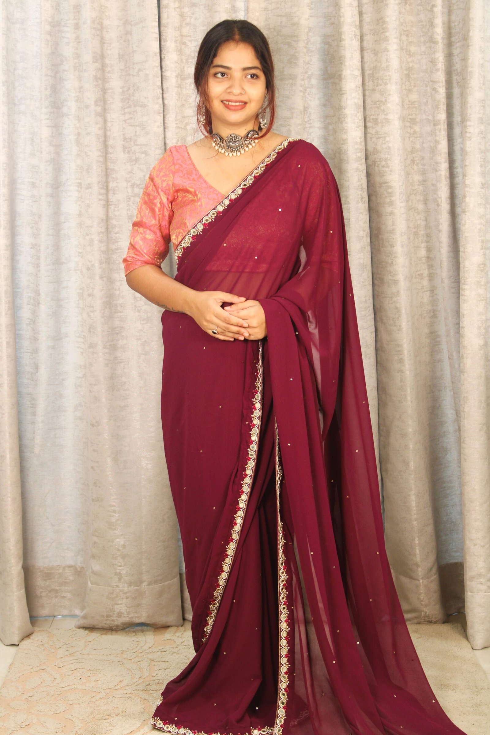 Georgette Mirror and White Pearl Hand-Embroidered Saree