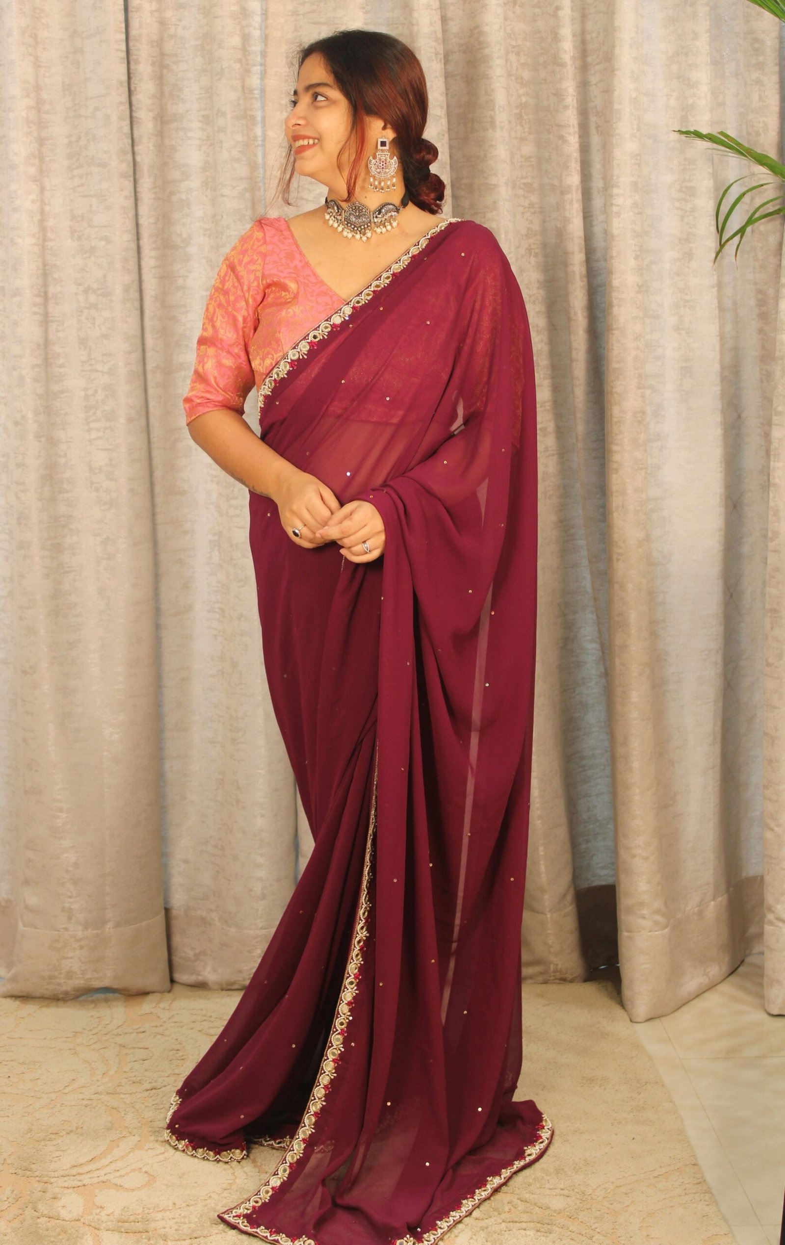 Georgette Mirror and White Pearl Hand-Embroidered Saree