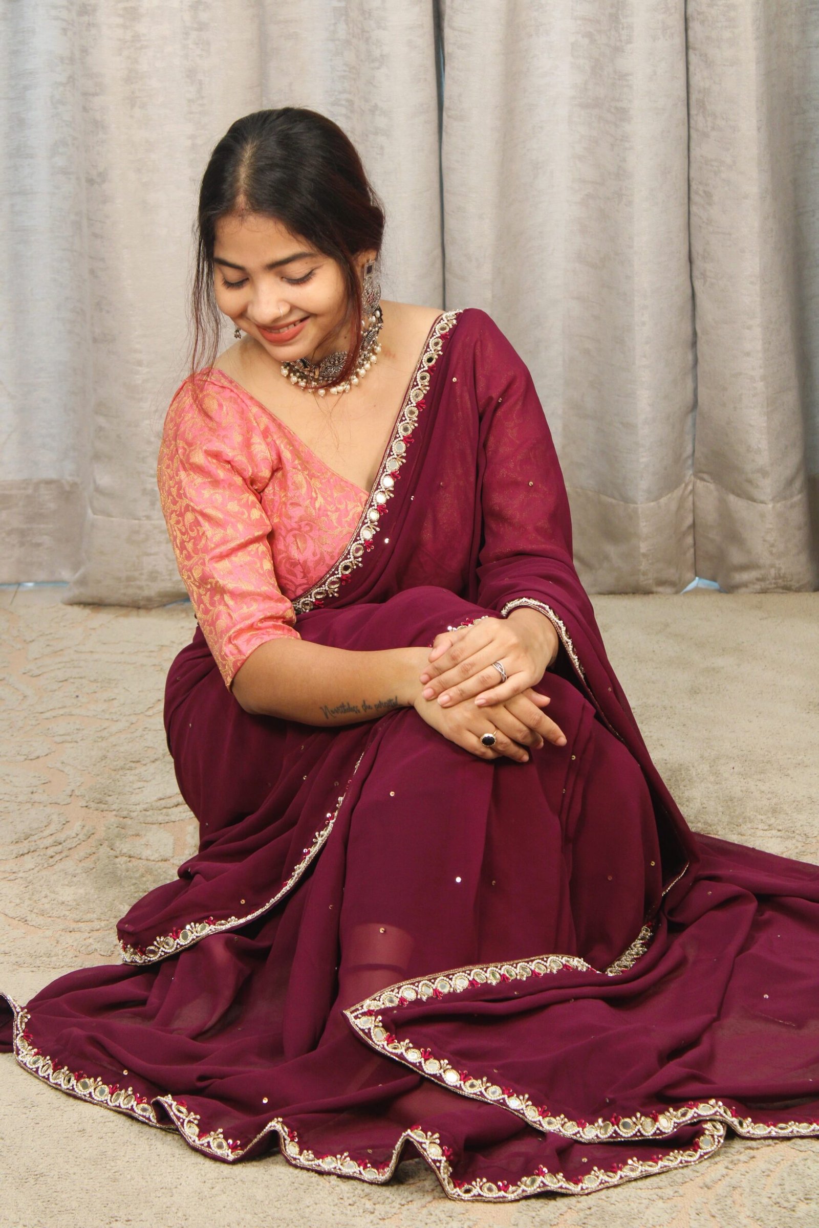 Georgette Mirror and White Pearl Hand-Embroidered Saree