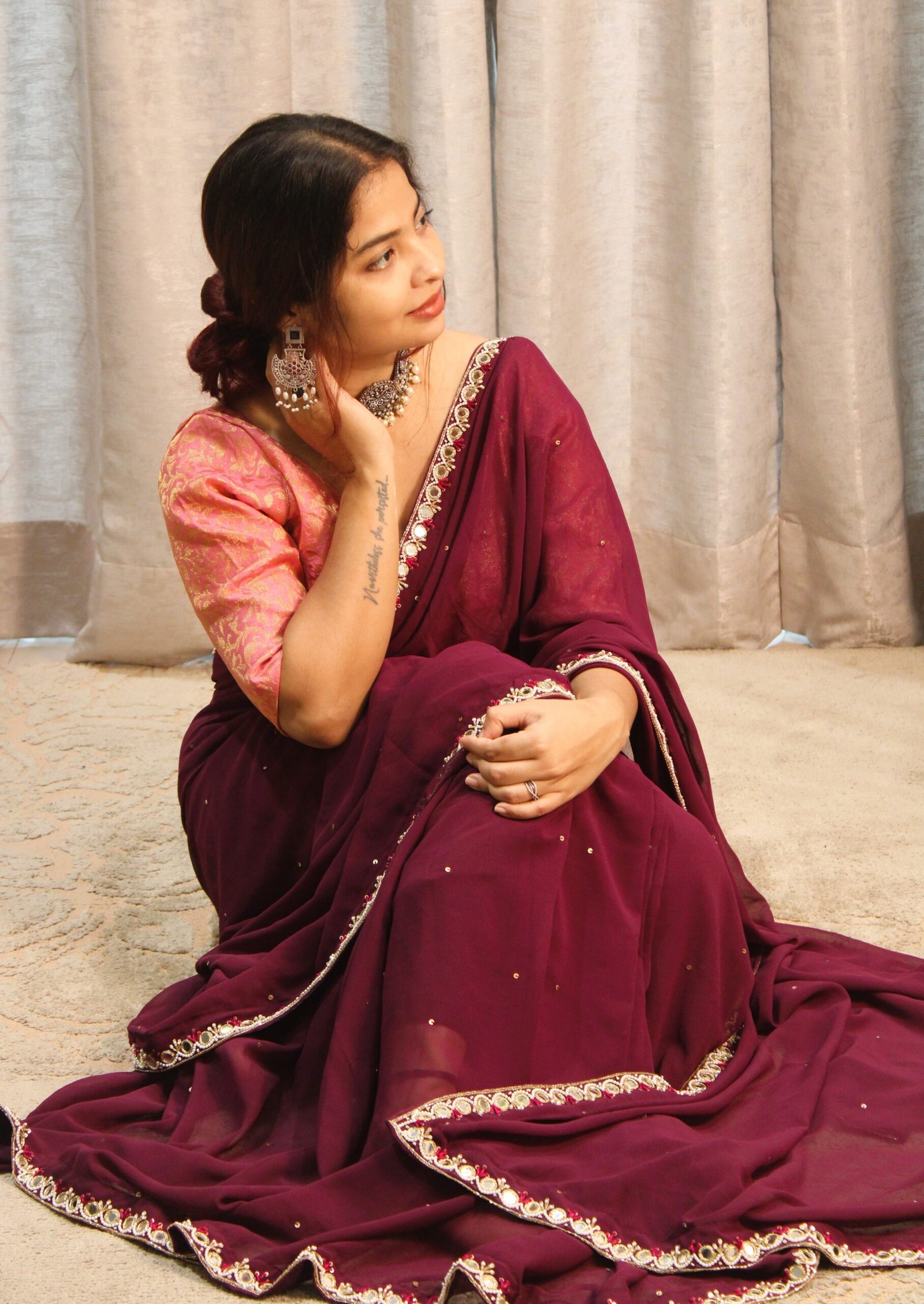 Georgette Mirror and White Pearl Hand-Embroidered Saree