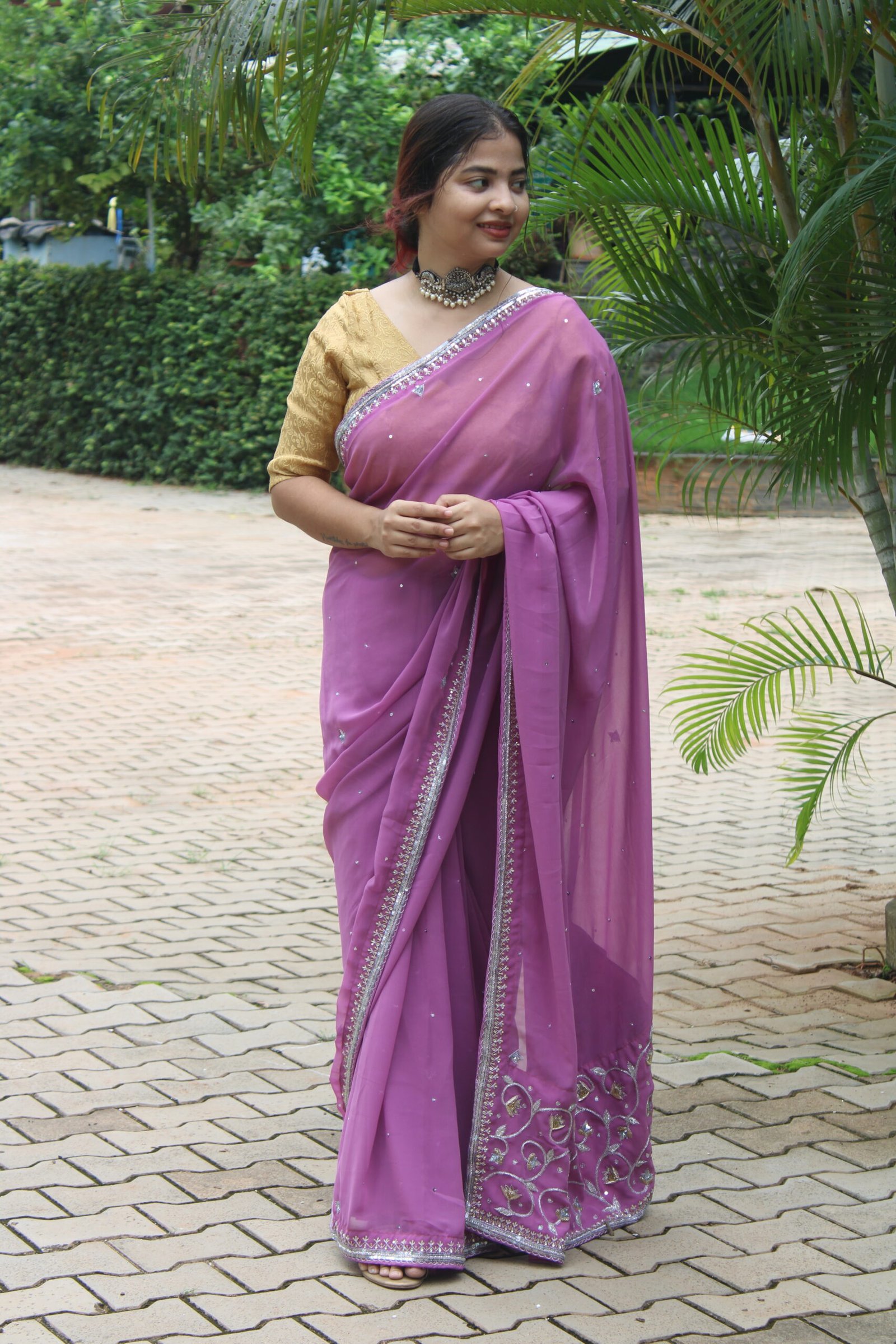 Georgette zardozi Hand embroidered saree