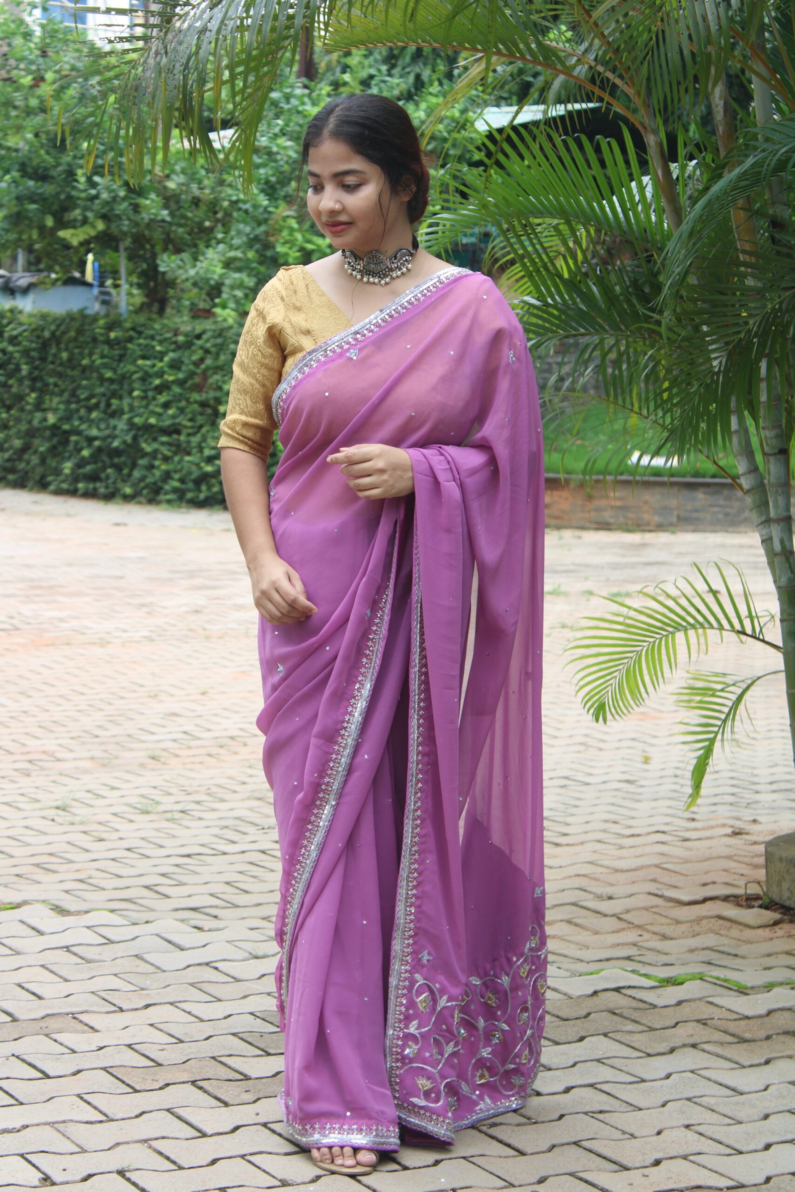 Georgette zardozi Hand embroidered saree