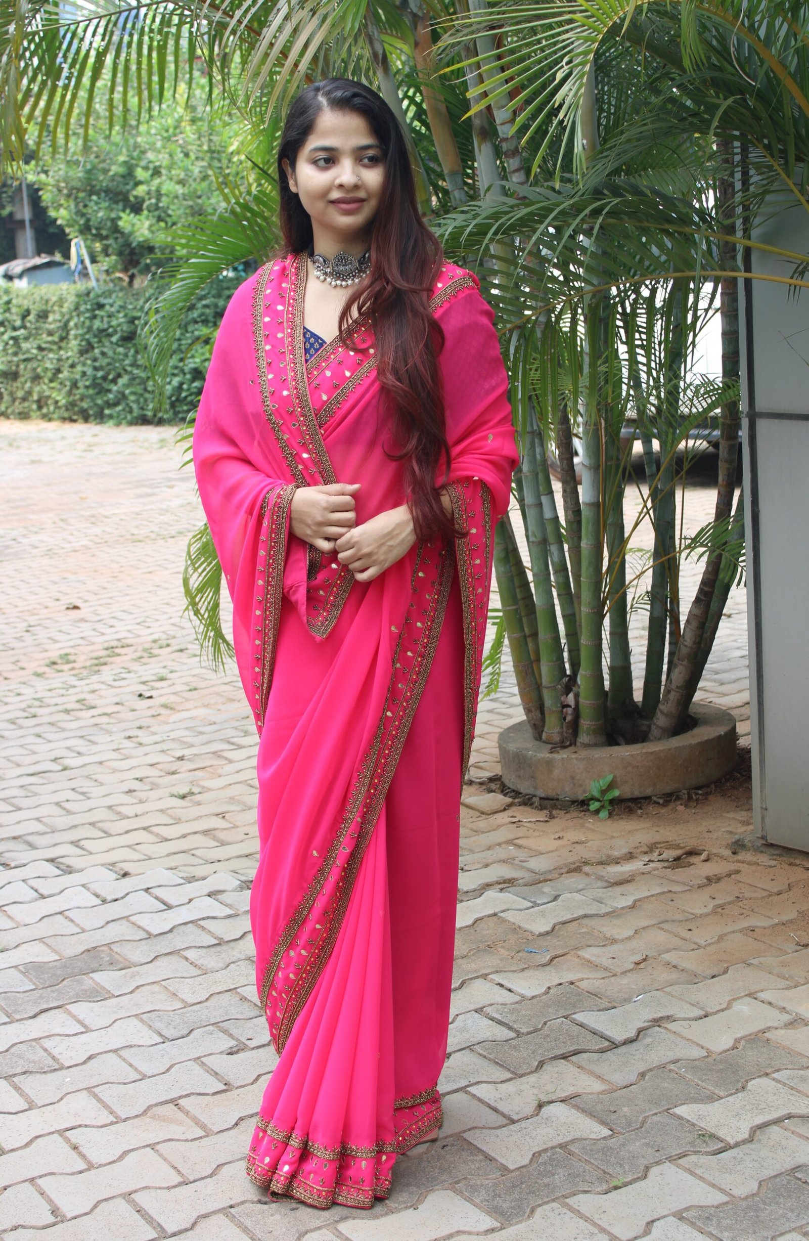 Rani Pink Georgette Saree with Handcrafted Embroidery & Gota Work