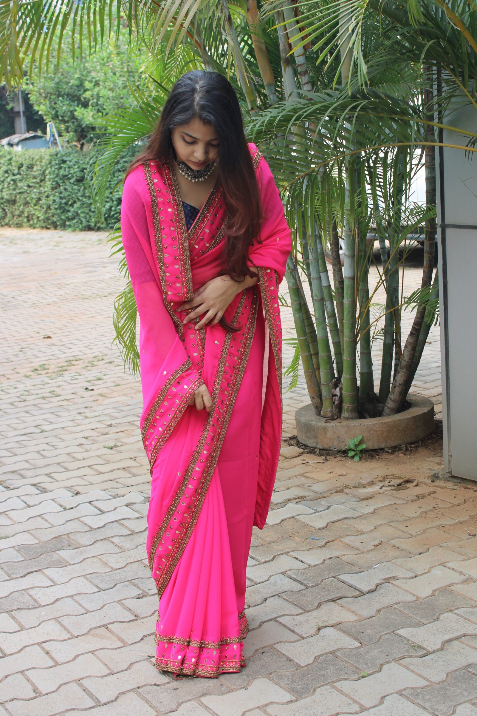 Rani Pink Georgette Saree with Handcrafted Embroidery & Gota Work