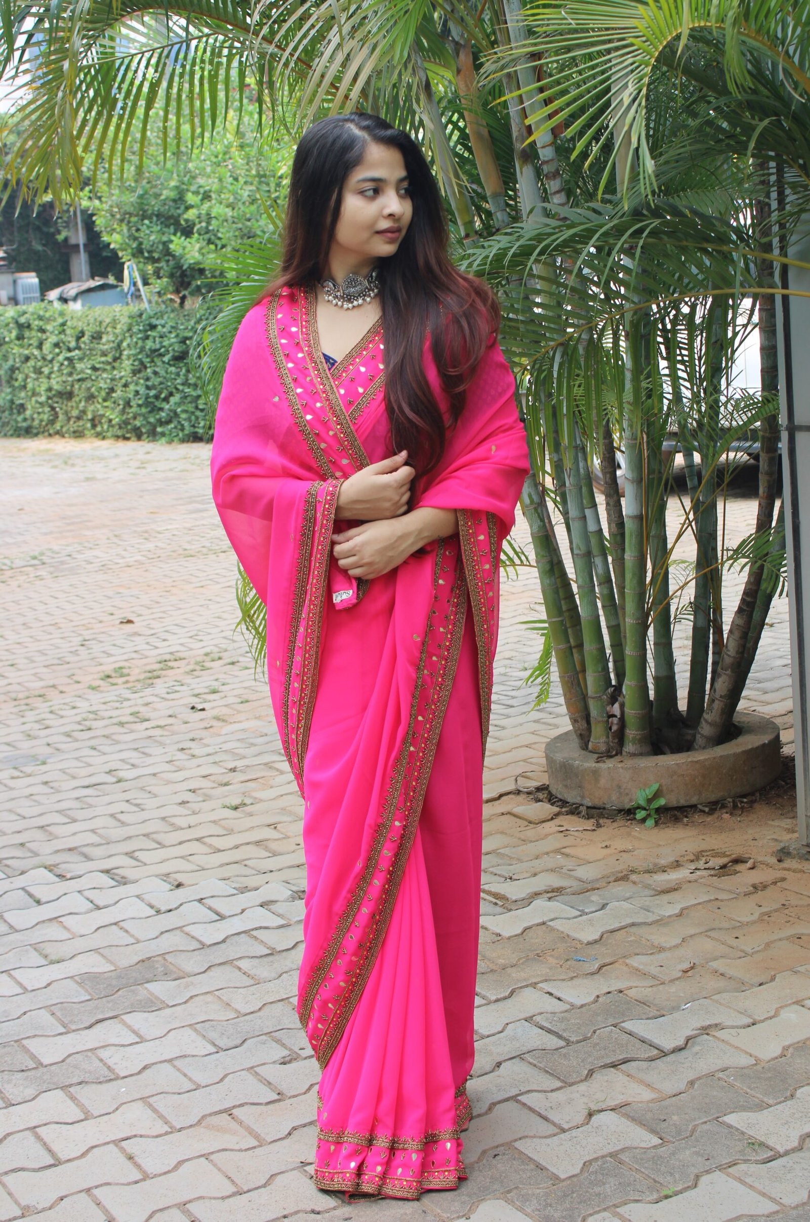 Rani Pink Georgette Saree with Handcrafted Embroidery & Gota Work