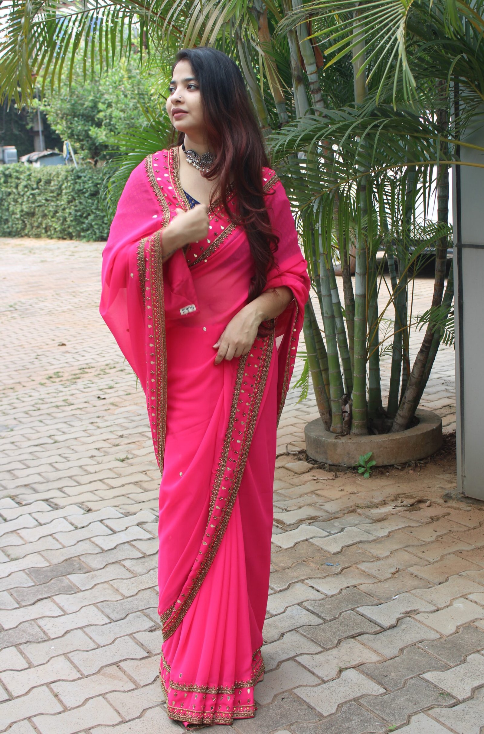 Rani Pink Georgette Saree with Handcrafted Embroidery & Gota Work