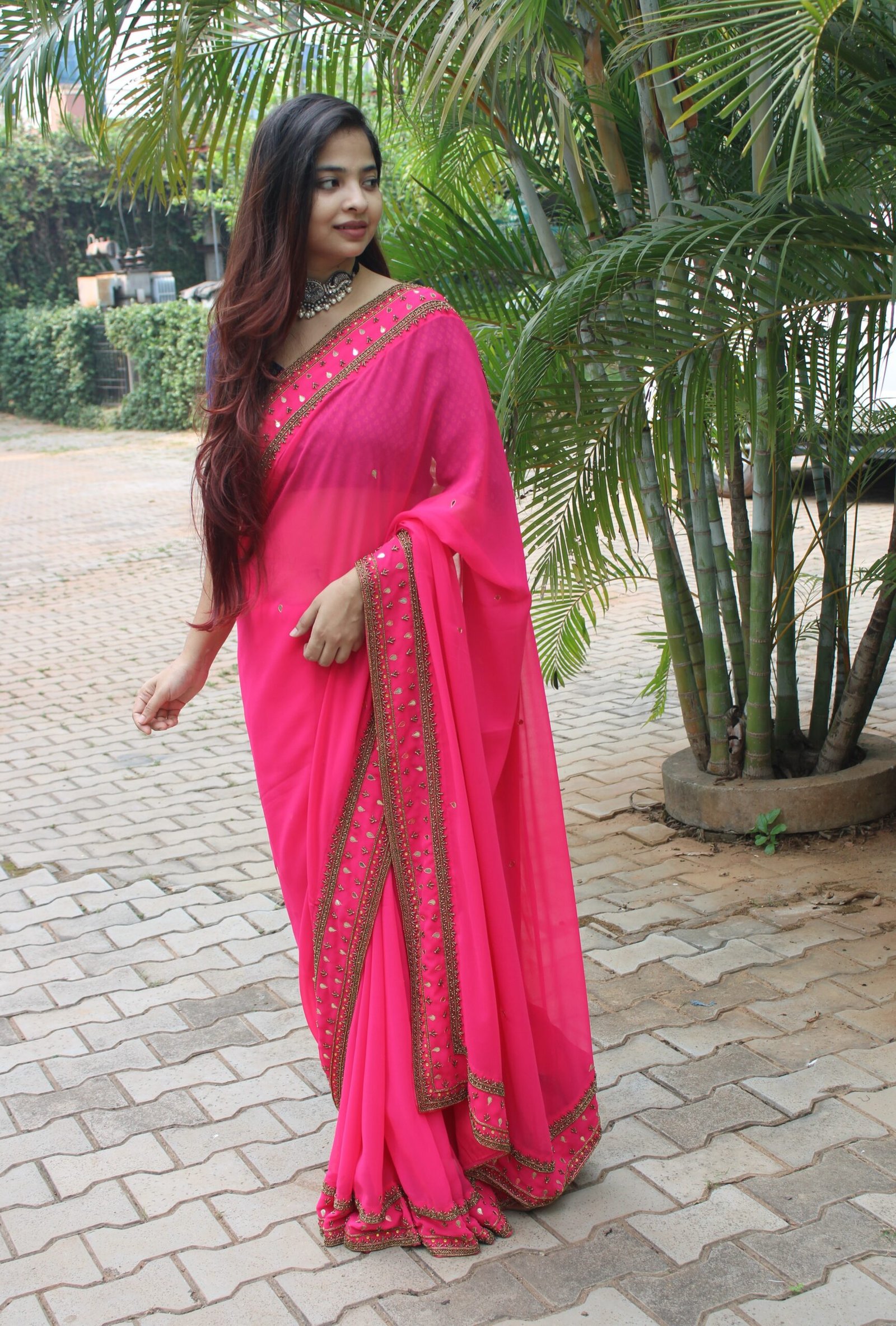 Rani Pink Georgette Saree with Handcrafted Embroidery & Gota Work