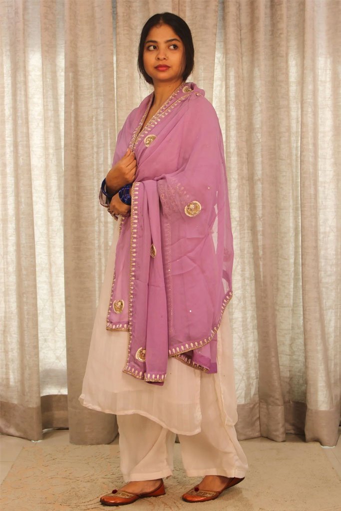 Hand-Embroidered Purple Pure Georgette Dupatta
