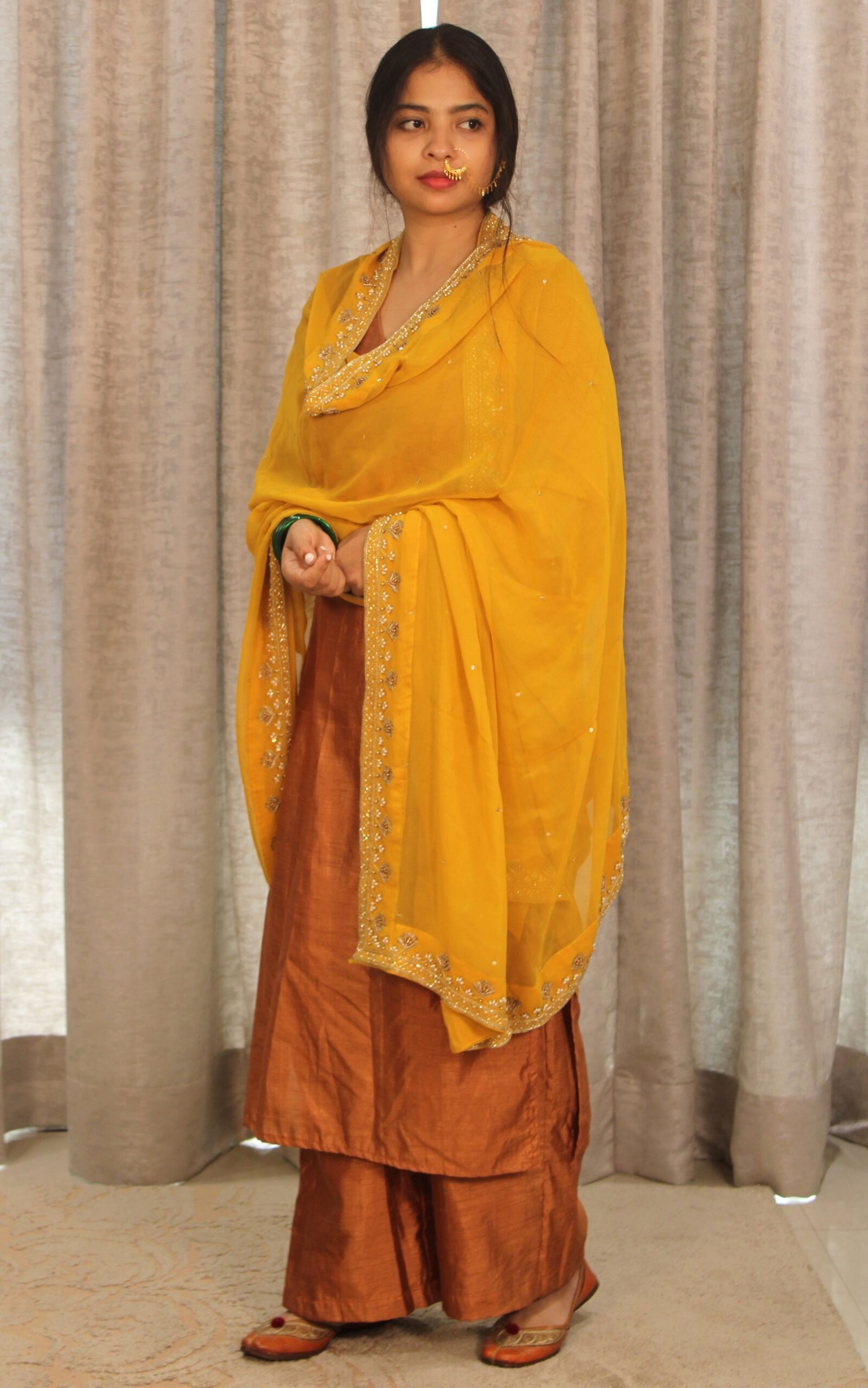 Handmade Georgette Dupatta with Golden Zardozi Border & Sequin Work