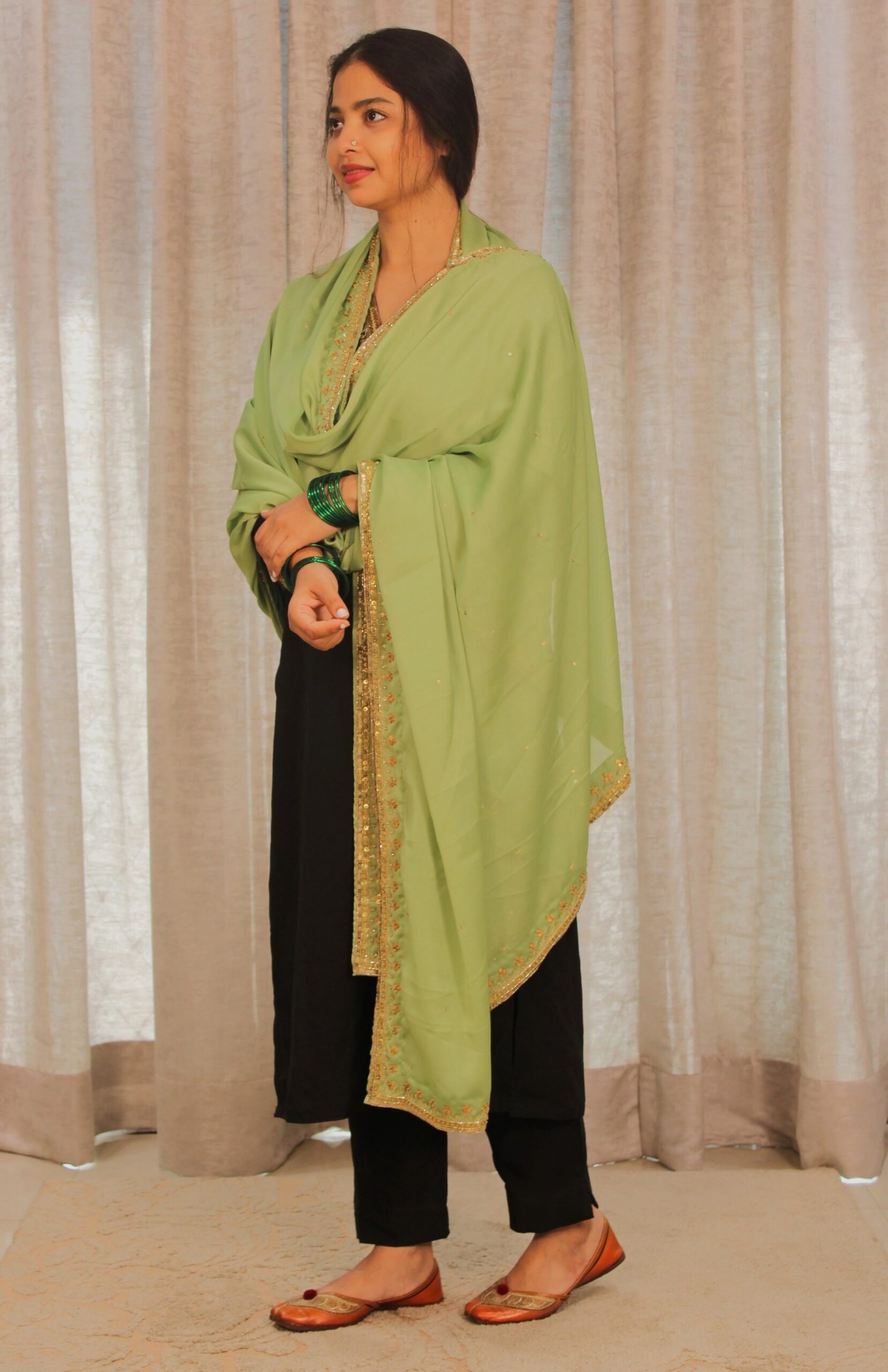 Handmade Georgette Dupatta with Golden Sequin Aari Work